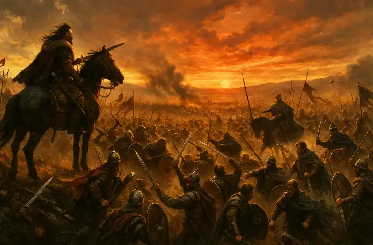 Katalaun Ovası’nda Hun süvarileri ile Roma–Vizigot birliklerinin gün batımı altında çarpıştığı geniş ölçekli savaş sahnesi.